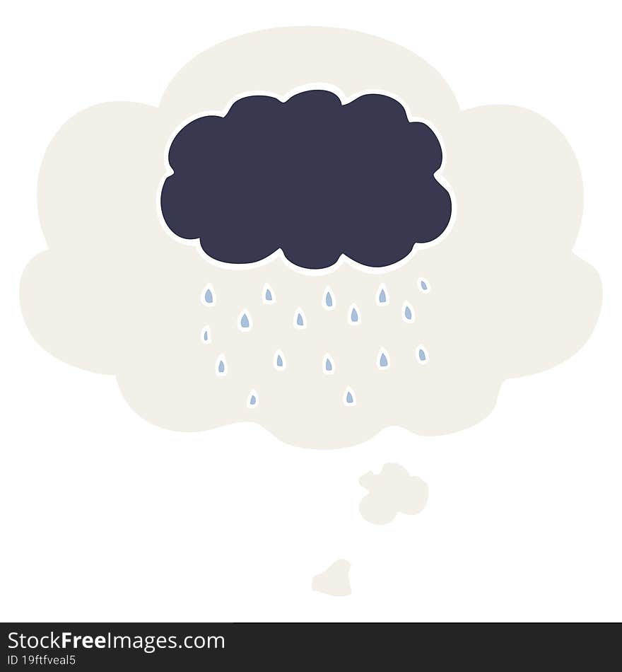 Cartoon Cloud Raining And Thought Bubble In Retro Style