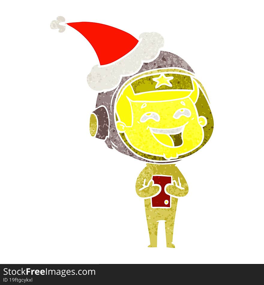 Retro Cartoon Of A Laughing Astronaut Wearing Santa Hat