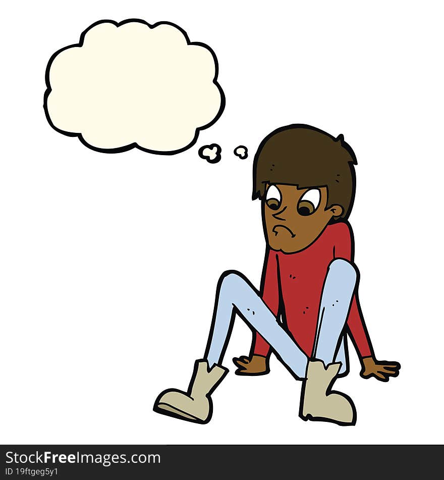 cartoon boy sitting on floor with thought bubble