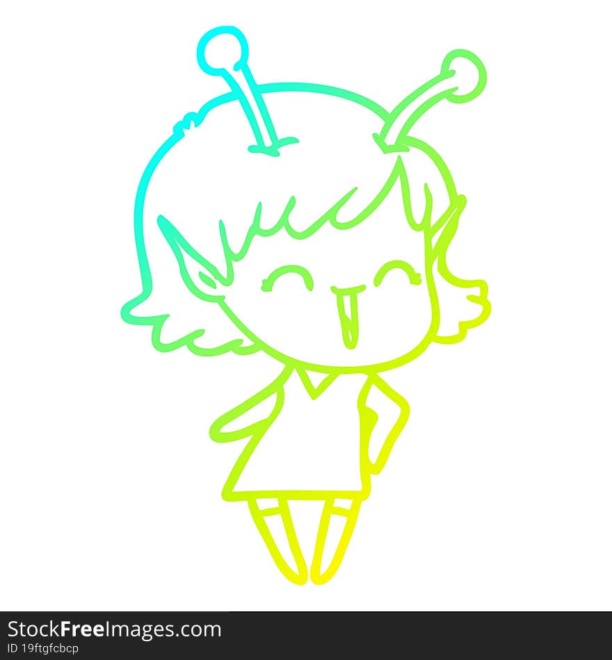 cold gradient line drawing of a cartoon alien girl laughing