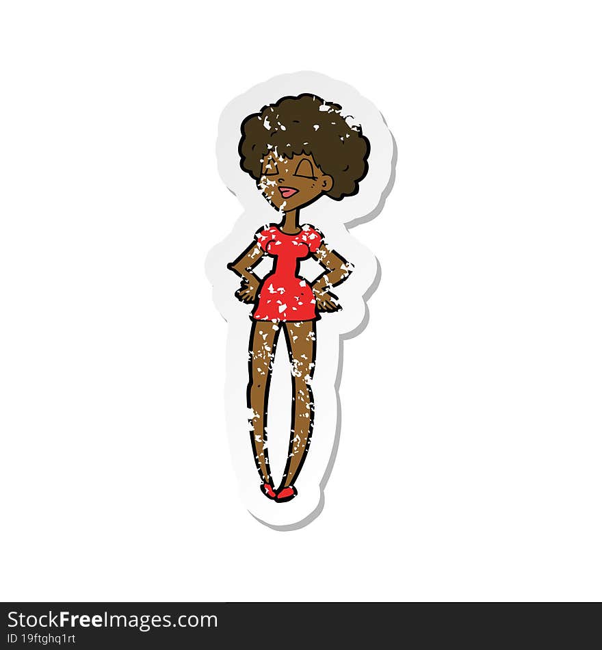 retro distressed sticker of a cartoon happy woman with hands on hips