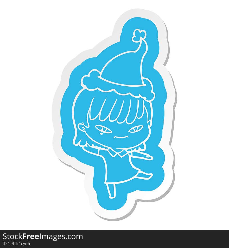 quirky cartoon  sticker of a woman wearing santa hat