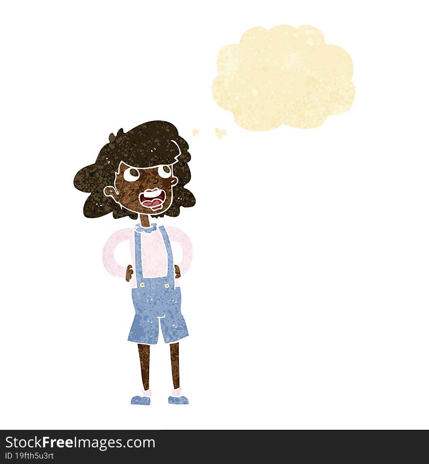 cartoon woman in dungarees with thought bubble