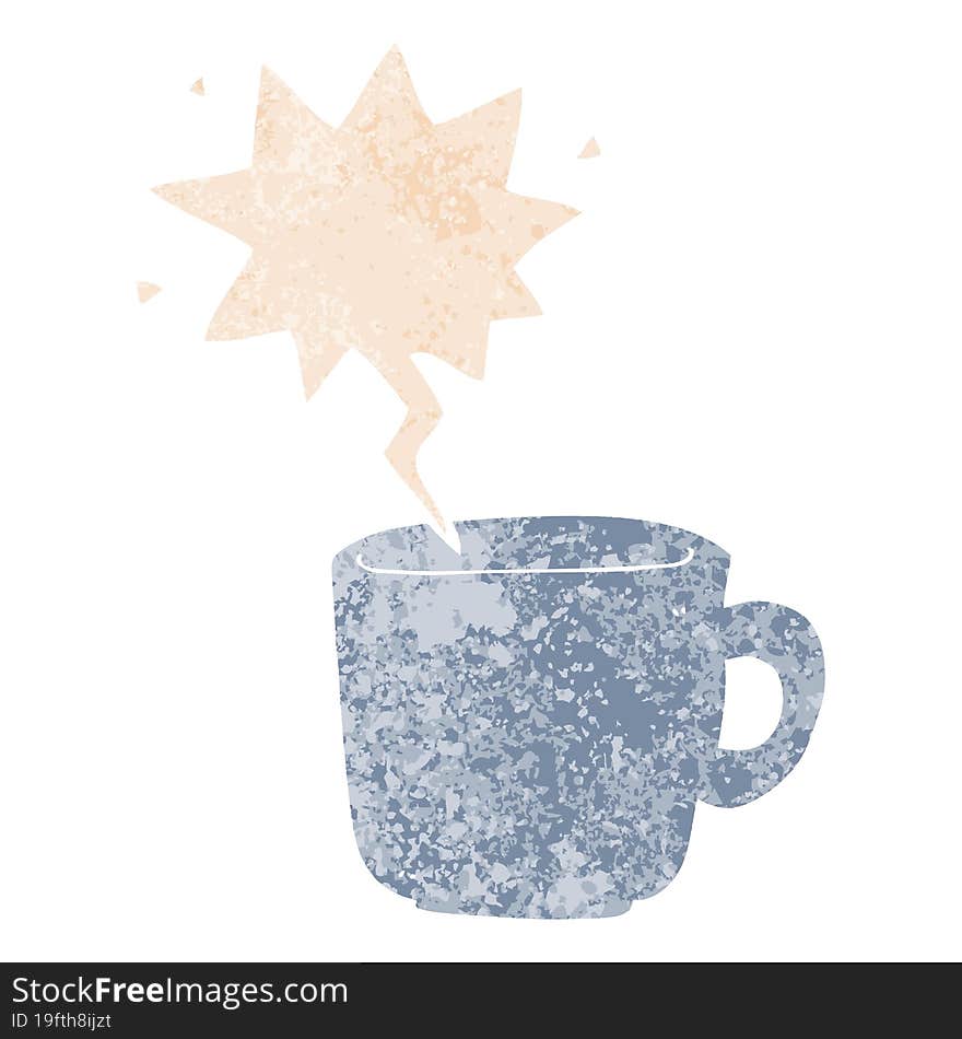 cartoon coffee cup and speech bubble in retro textured style