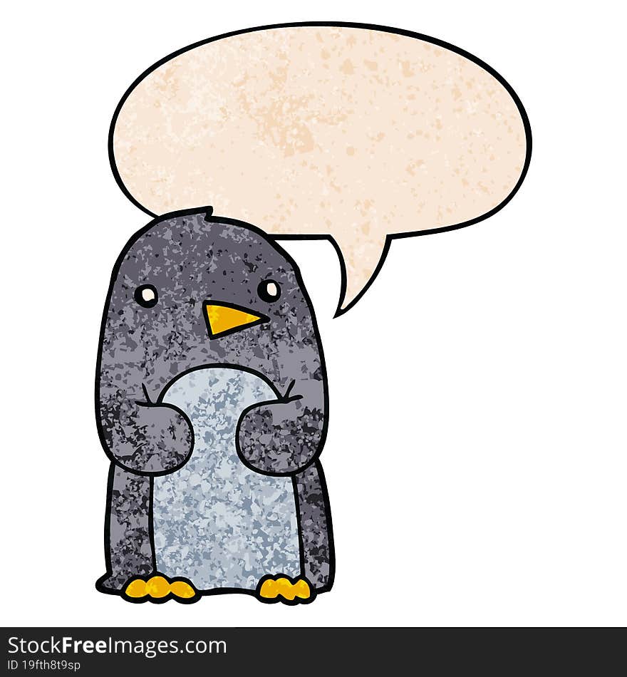 Cartoon Penguin And Speech Bubble In Retro Texture Style