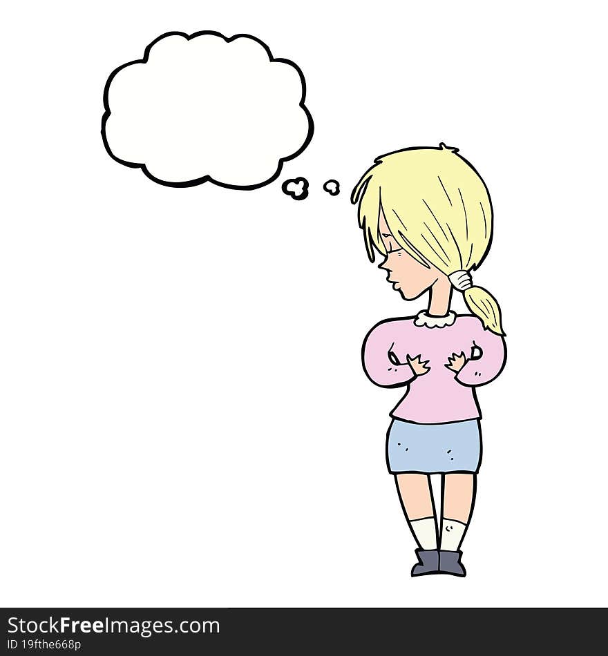 cartoon shy woman with thought bubble