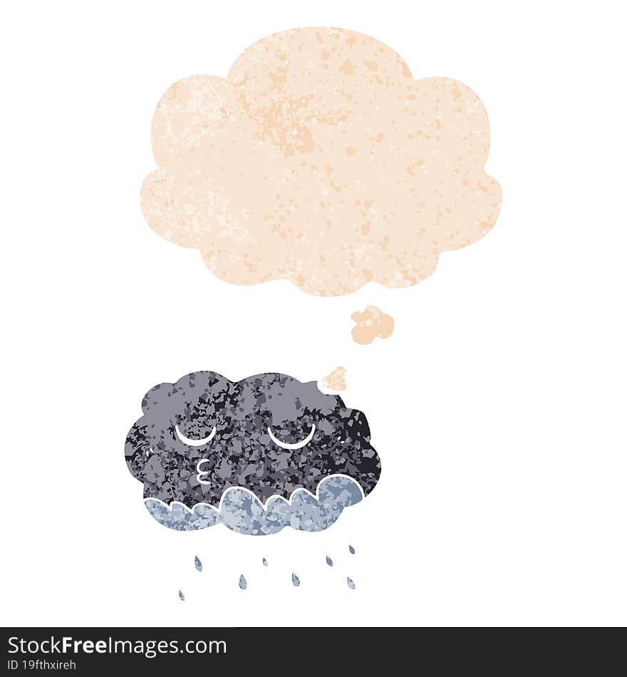 Cartoon Rain Cloud And Thought Bubble In Retro Textured Style