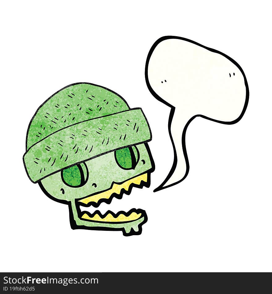 speech bubble textured cartoon skull wearing hat