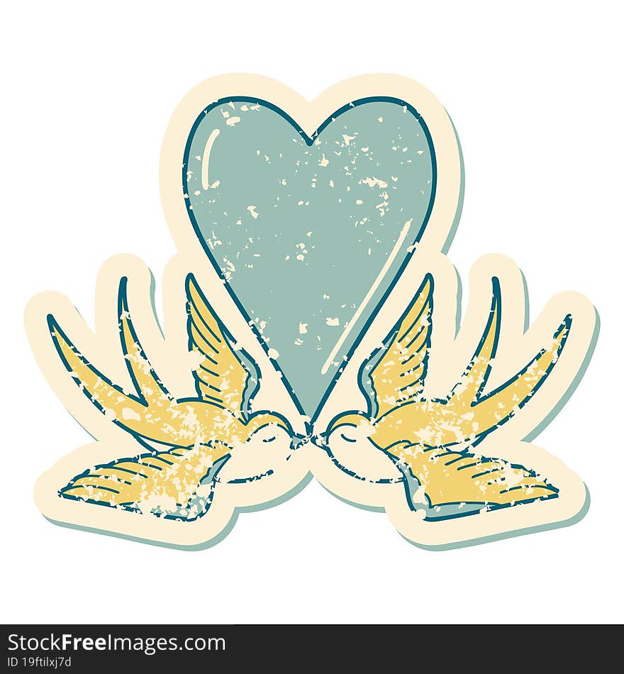 Distressed Sticker Tattoo Style Icon Of A Swallows And A Heart