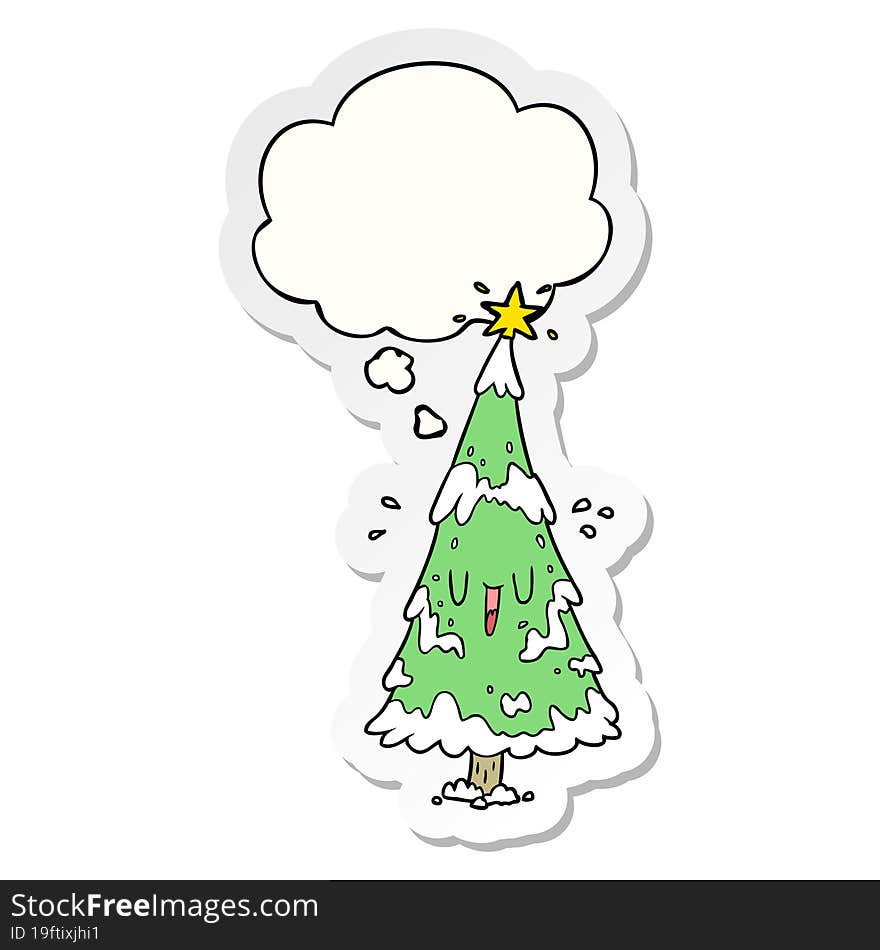 cartoon christmas tree with thought bubble as a printed sticker