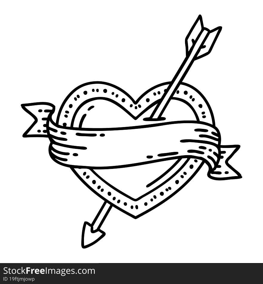 black line tattoo of an arrow heart and banner