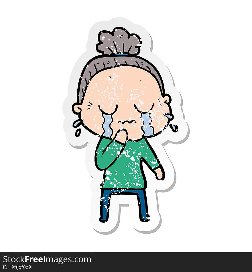 distressed sticker of a cartoon old woman crying