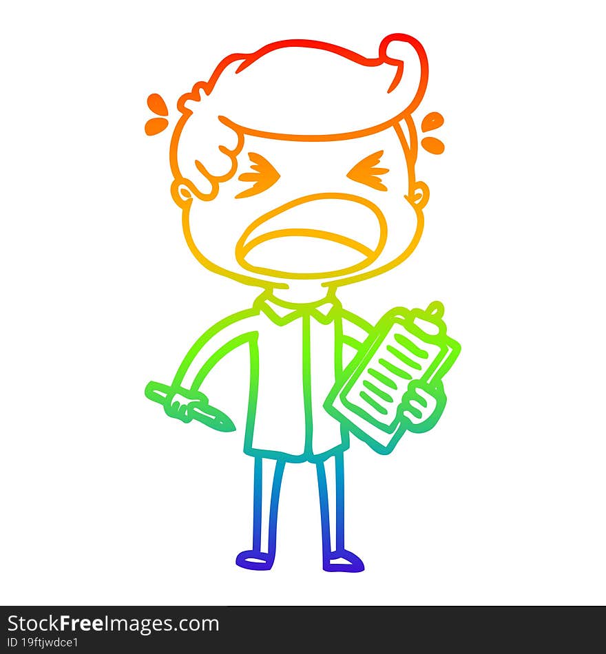 rainbow gradient line drawing of a cartoon shouting salesman