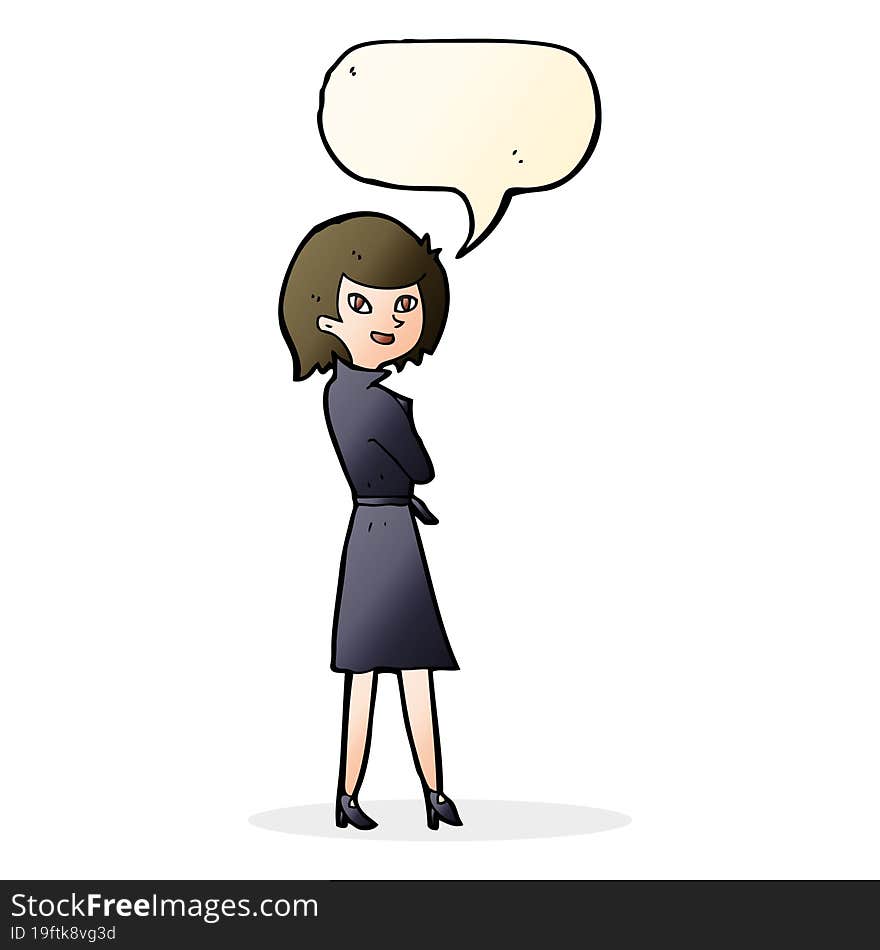 cartoon woman in trench coat with speech bubble