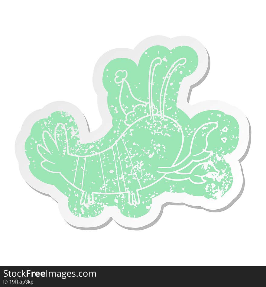 cartoon distressed sticker of a lobster wearing santa hat