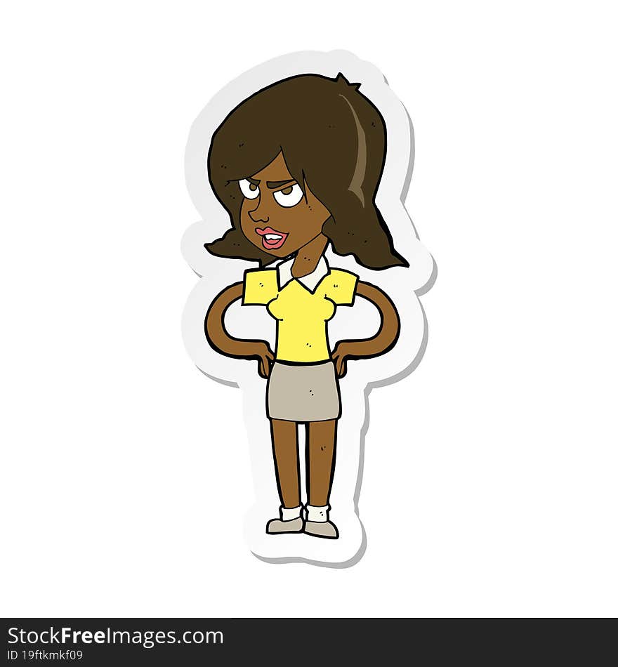 sticker of a cartoon annoyed woman with hands on hips