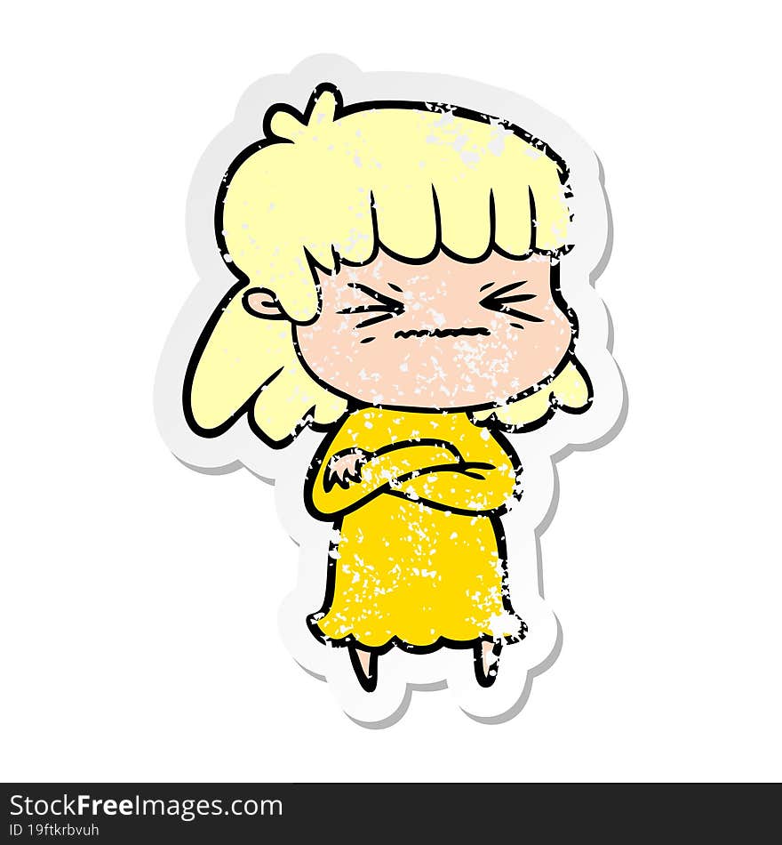 distressed sticker of a cartoon angry girl