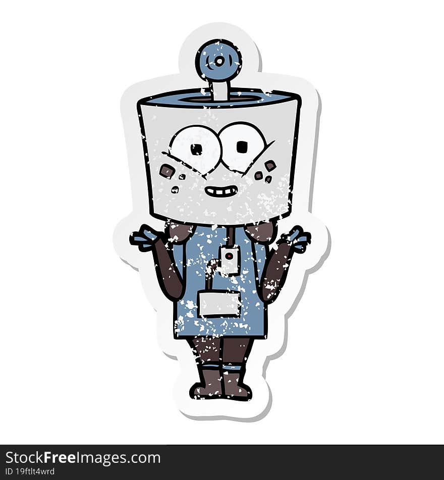 distressed sticker of a happy cartoon robot shrugging shoulders