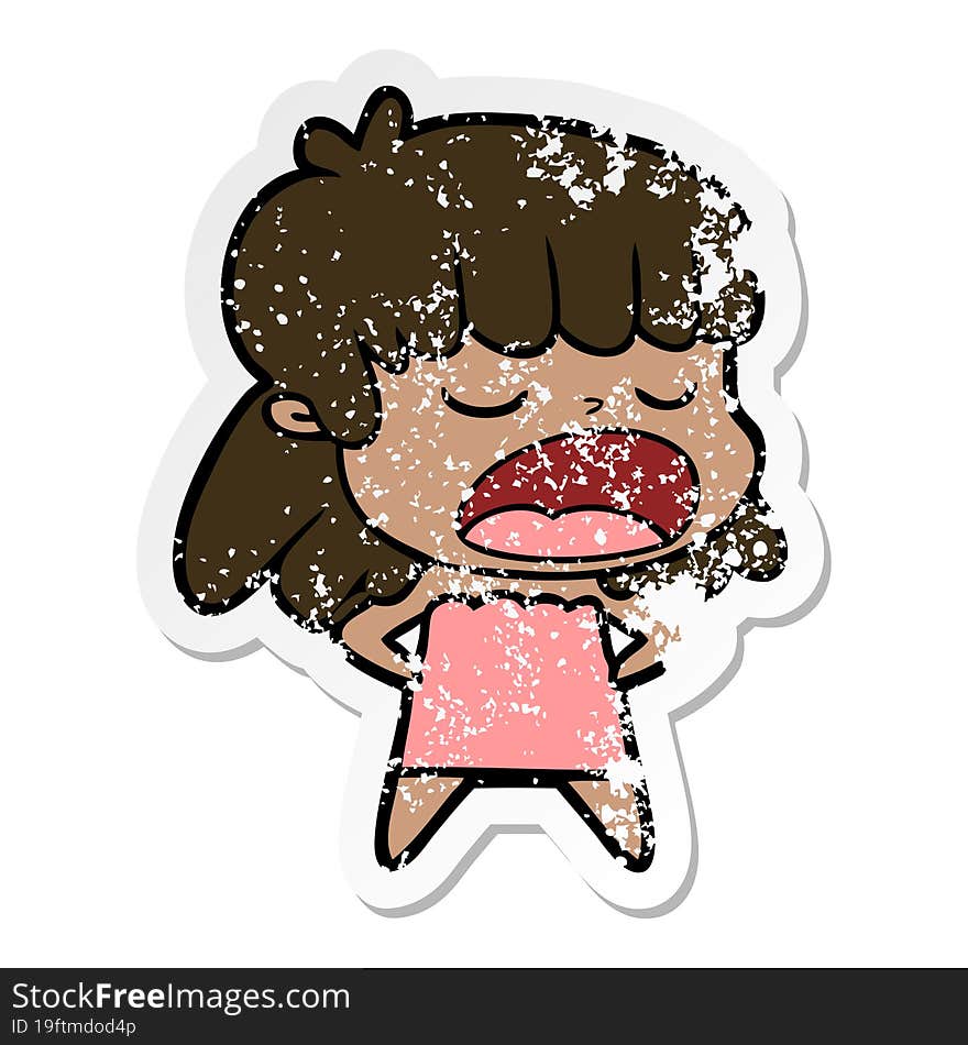 distressed sticker of a cartoon woman talking loudly