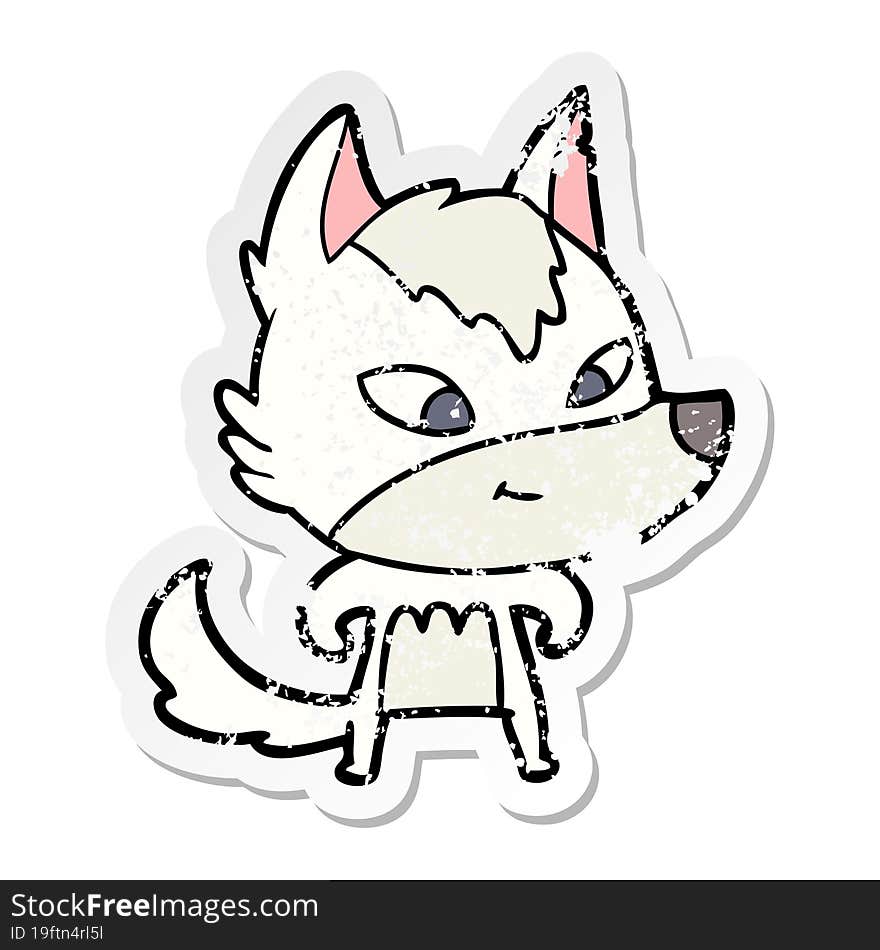 distressed sticker of a friendly cartoon wolf