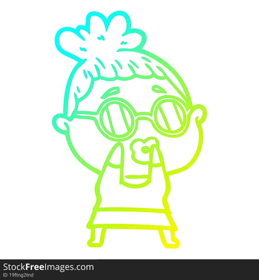 cold gradient line drawing of a cartoon woman wearing spectacles