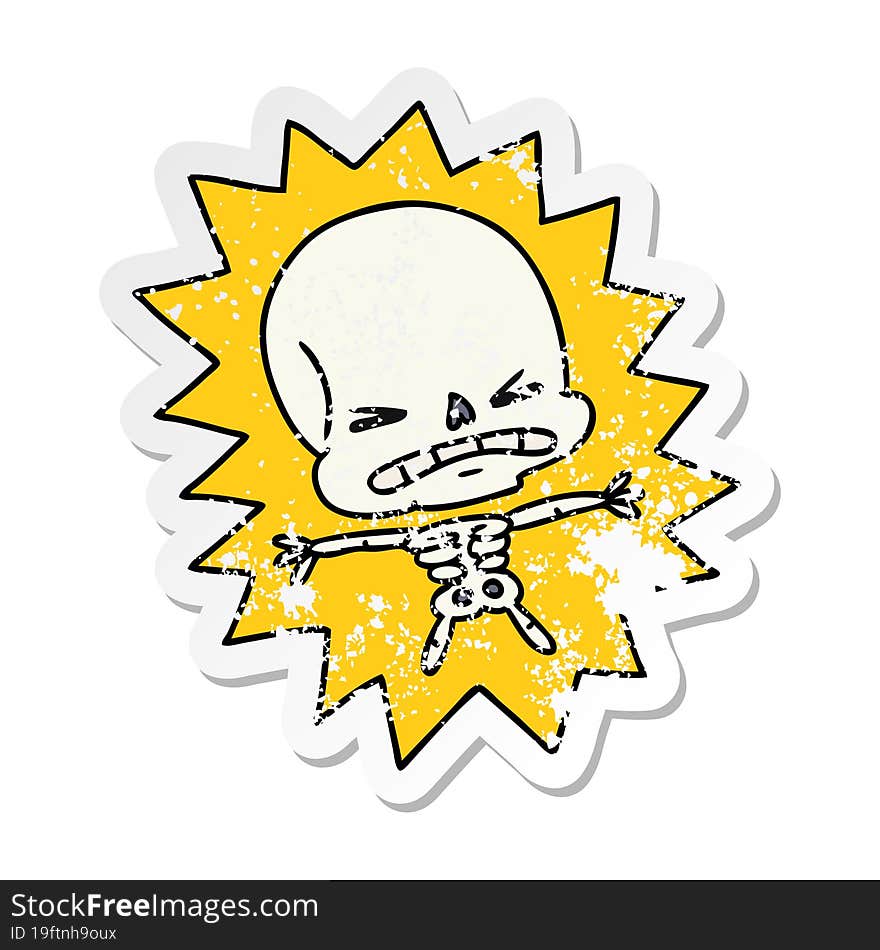 distressed sticker cartoon of a scary skeleton