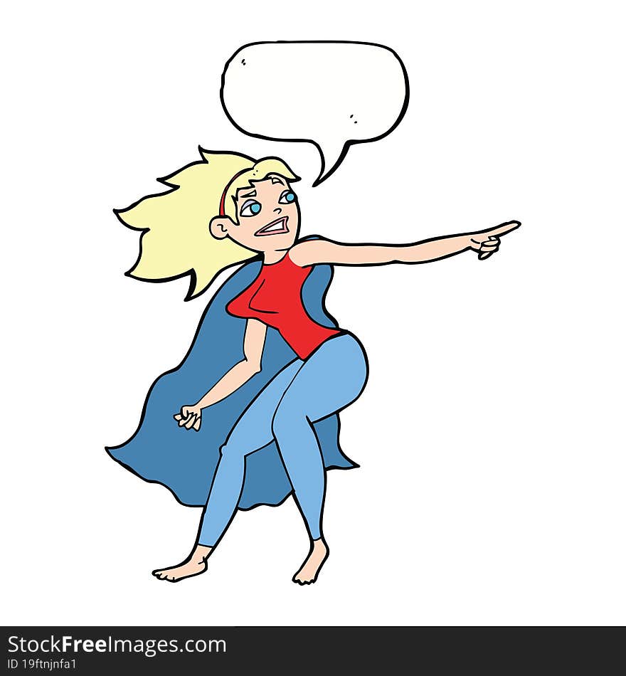 Cartoon Superhero Woman Pointing With Speech Bubble