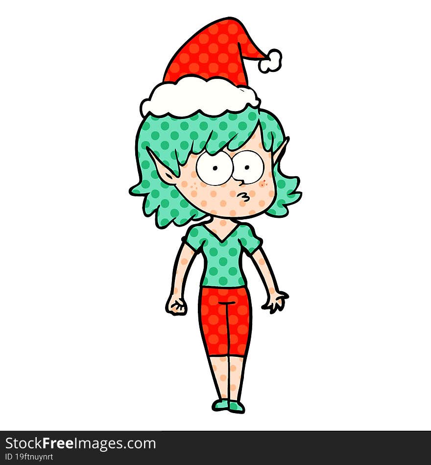 comic book style illustration of a elf girl staring wearing santa hat