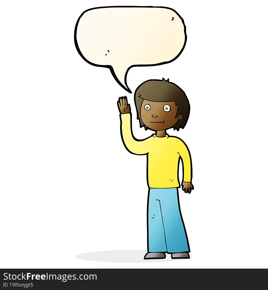 cartoon friendly boy waving with speech bubble