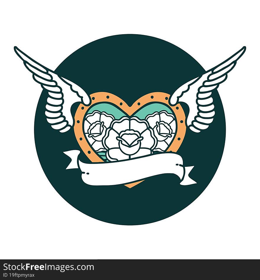 Tattoo Style Icon Of A Flying Heart With Flowers And Banner