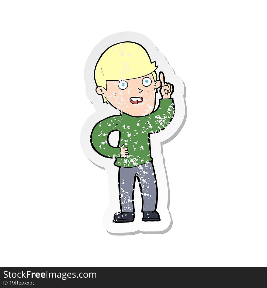 Retro Distressed Sticker Of A Cartoon Boy With Idea