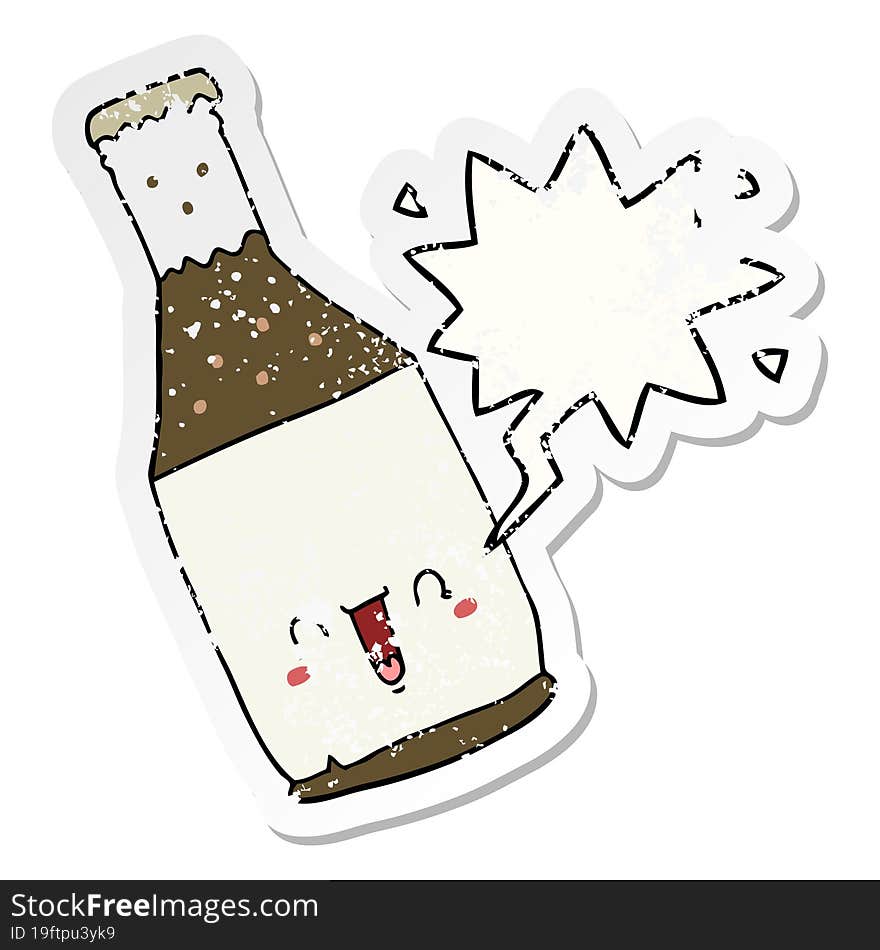 cartoon beer bottle and speech bubble distressed sticker