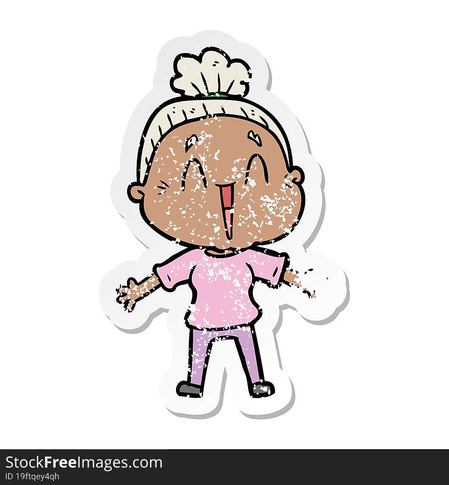 Distressed Sticker Of A Cartoon Happy Old Lady