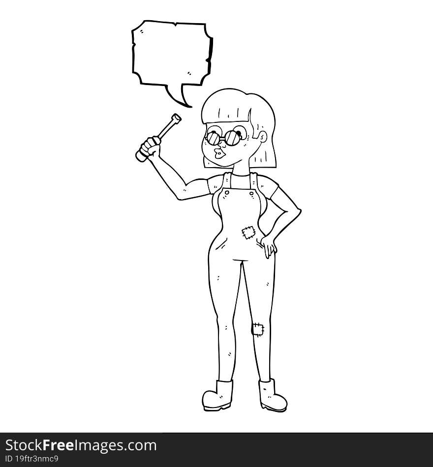 freehand drawn speech bubble cartoon female mechanic