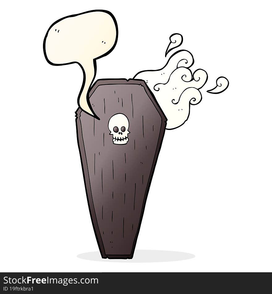 spooky cartoon coffin with speech bubble