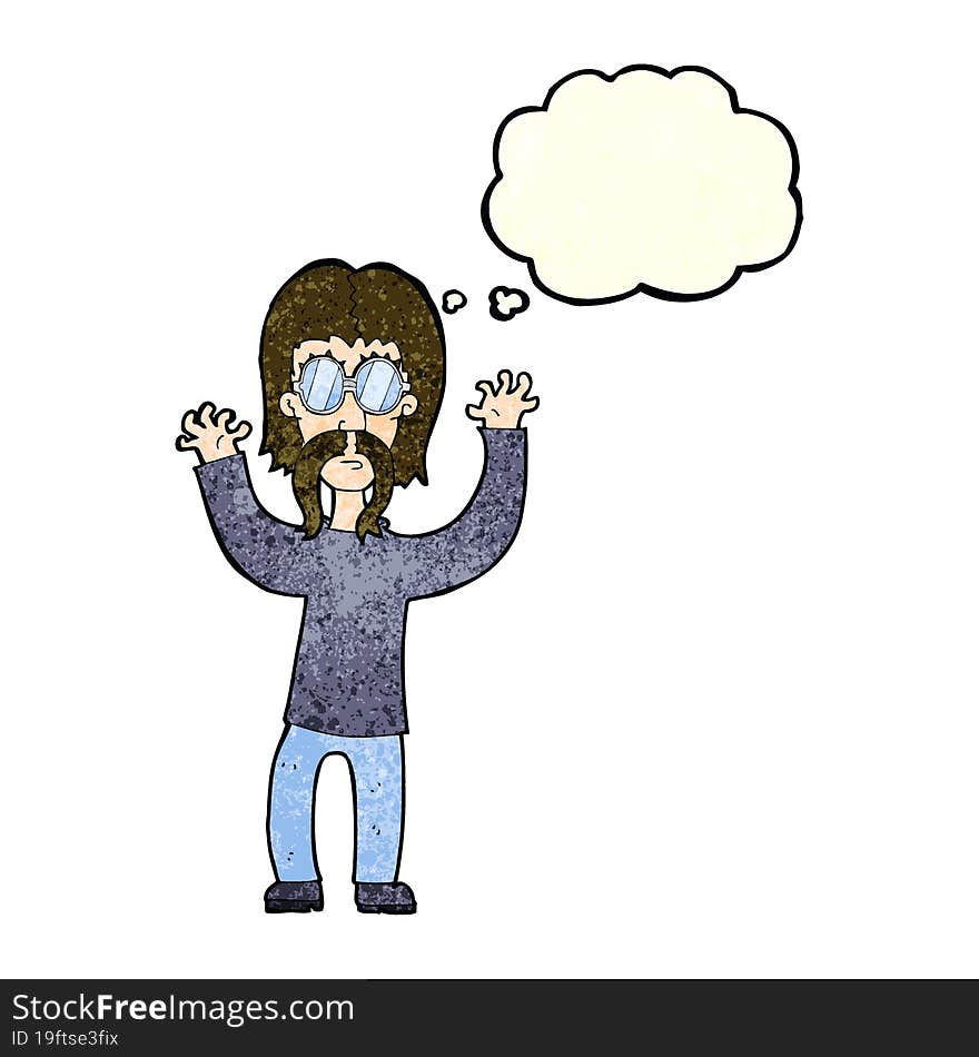 cartoon hippie man waving arms with thought bubble