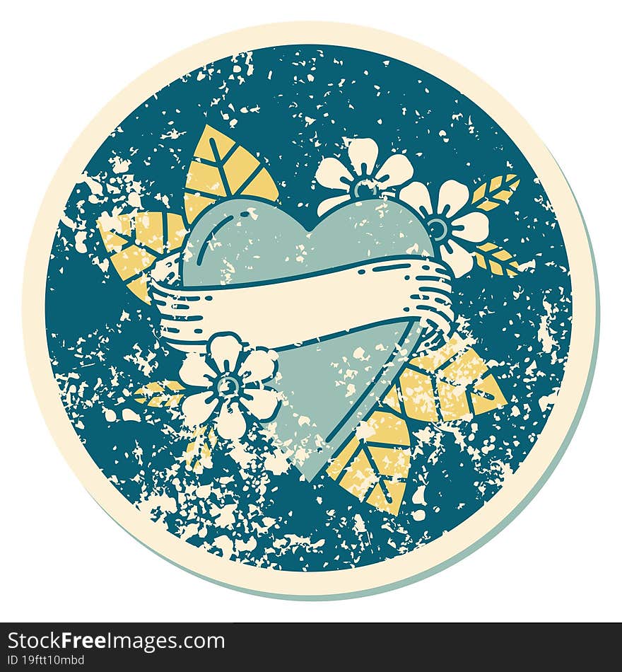 Distressed Sticker Tattoo Style Icon Of A Heart And Banner