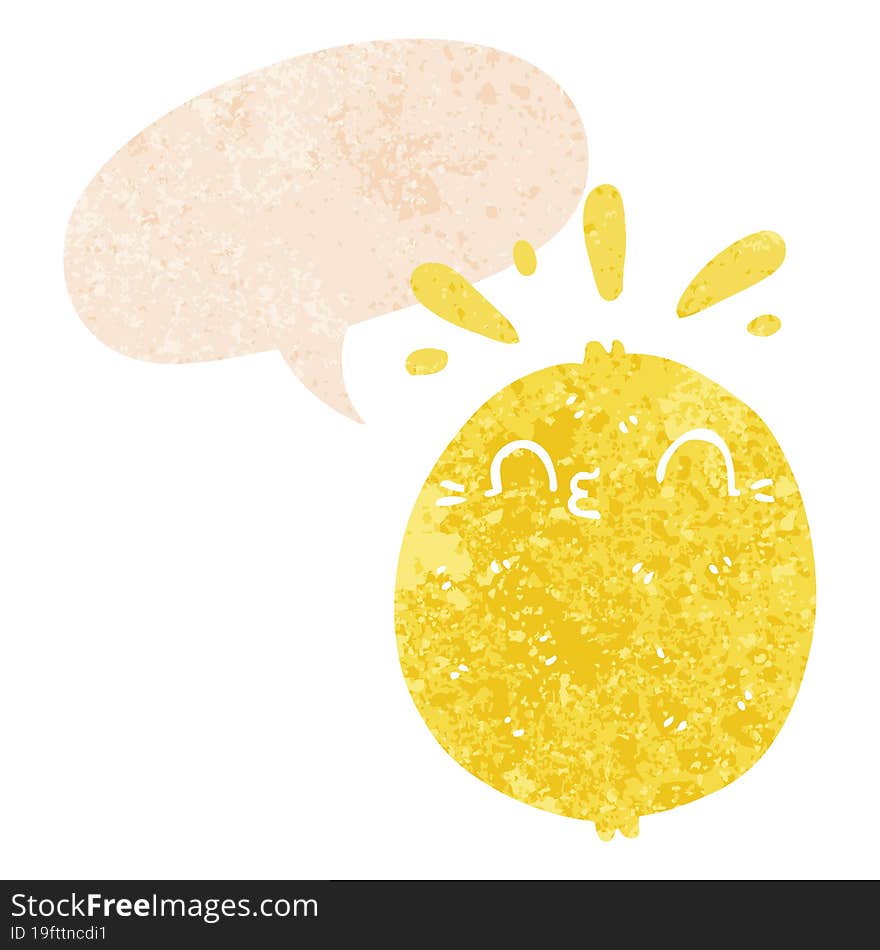 cute cartoon lemon and speech bubble in retro textured style