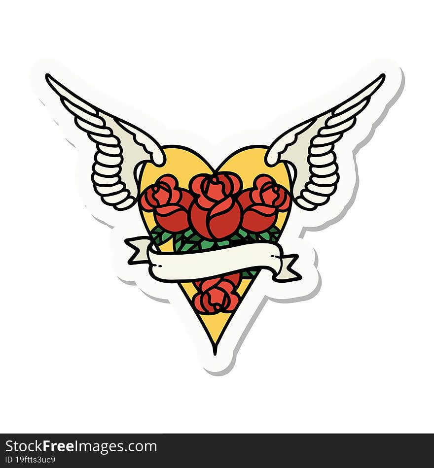 sticker of tattoo in traditional style of a flying heart with flowers and banner. sticker of tattoo in traditional style of a flying heart with flowers and banner