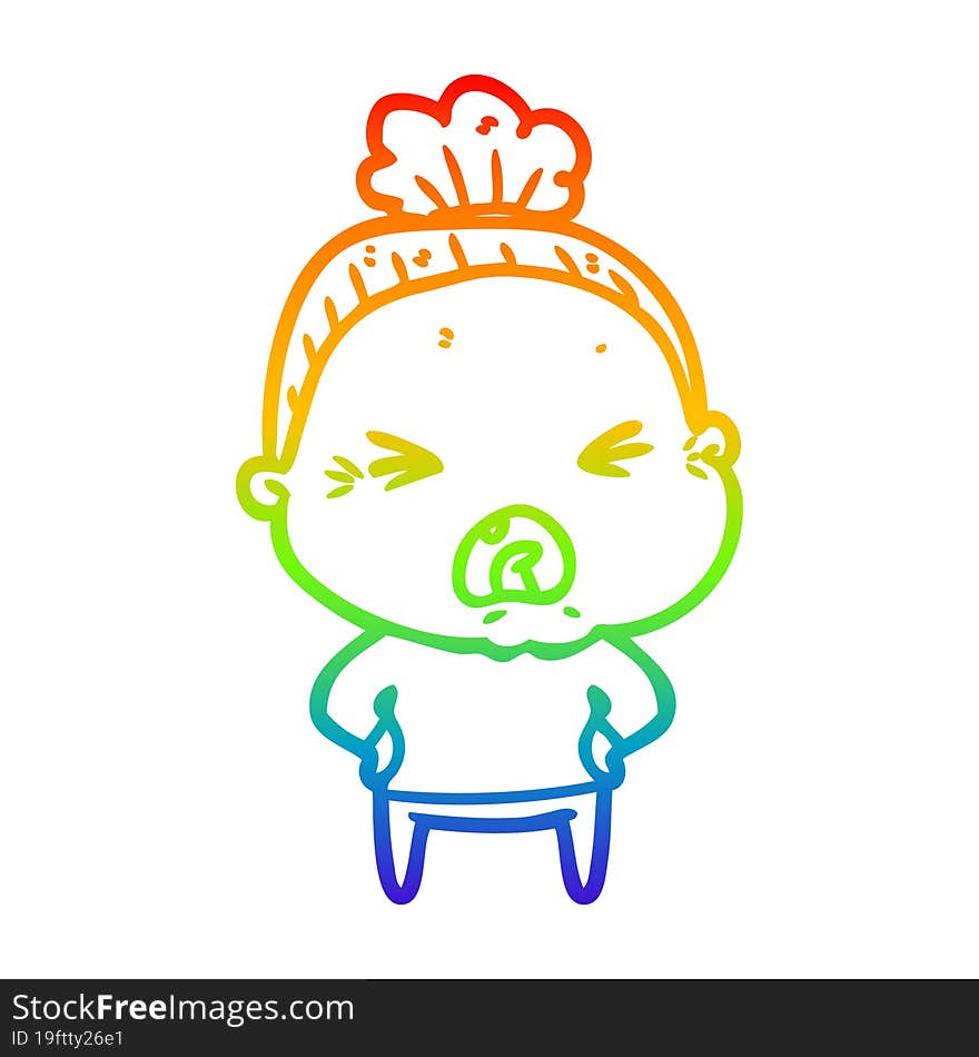 rainbow gradient line drawing cartoon angry old woman