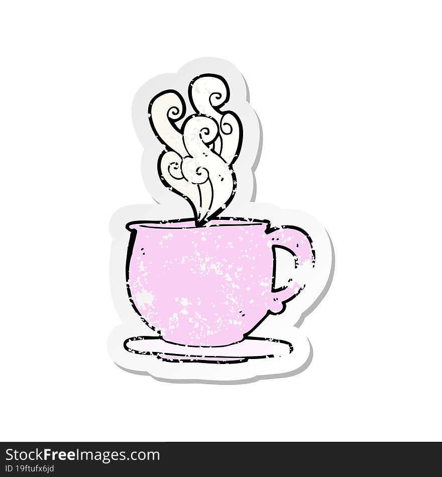 Retro Distressed Sticker Of A Cartoon Teacup With Sugar Cubes