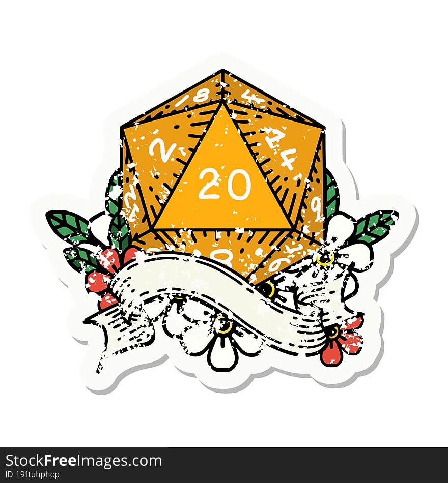 natural twenty D20 dice roll grunge sticker