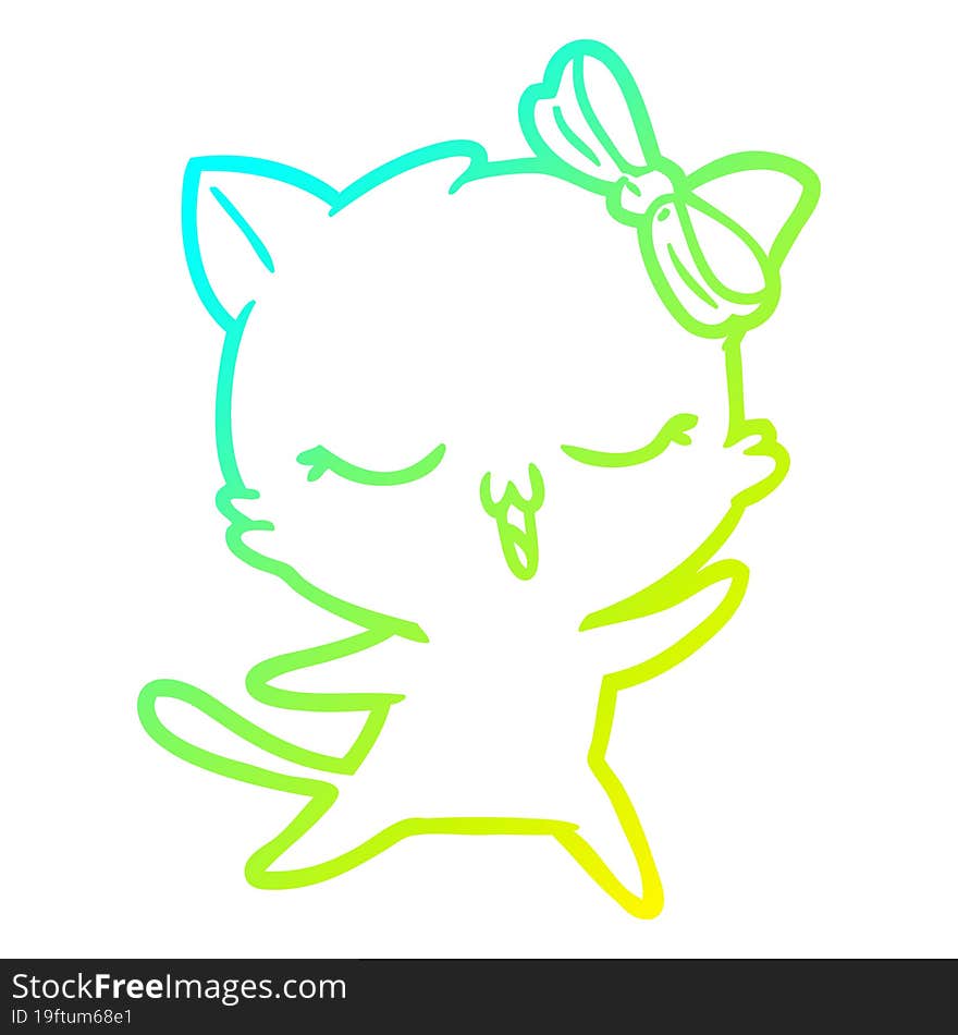 cold gradient line drawing of a cartoon dancing cat with bow on head