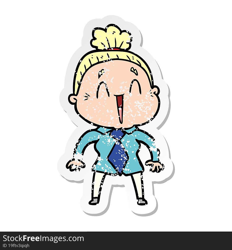 distressed sticker of a cartoon happy old lady