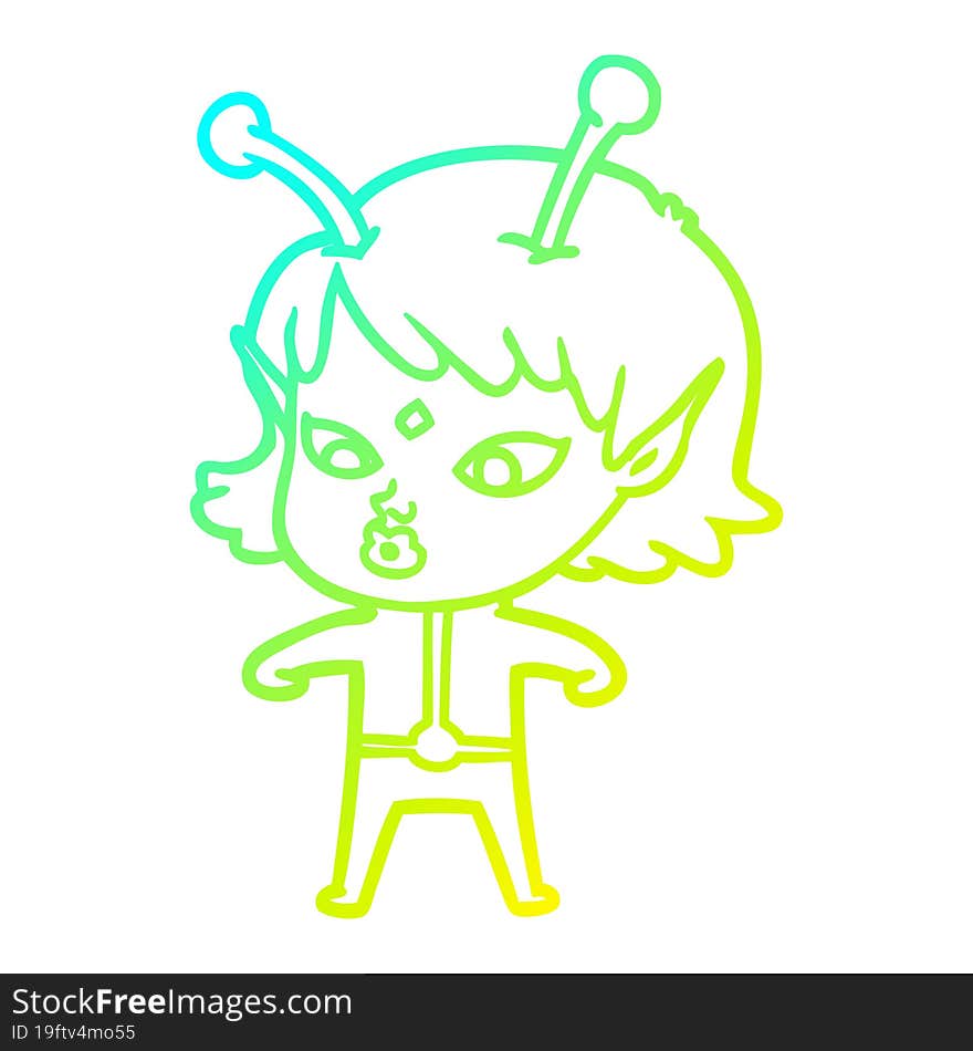 cold gradient line drawing pretty cartoon alien girl