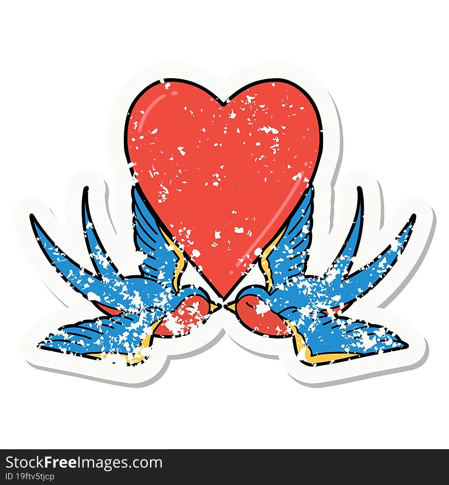 distressed sticker tattoo in traditional style of swallows and a heart. distressed sticker tattoo in traditional style of swallows and a heart