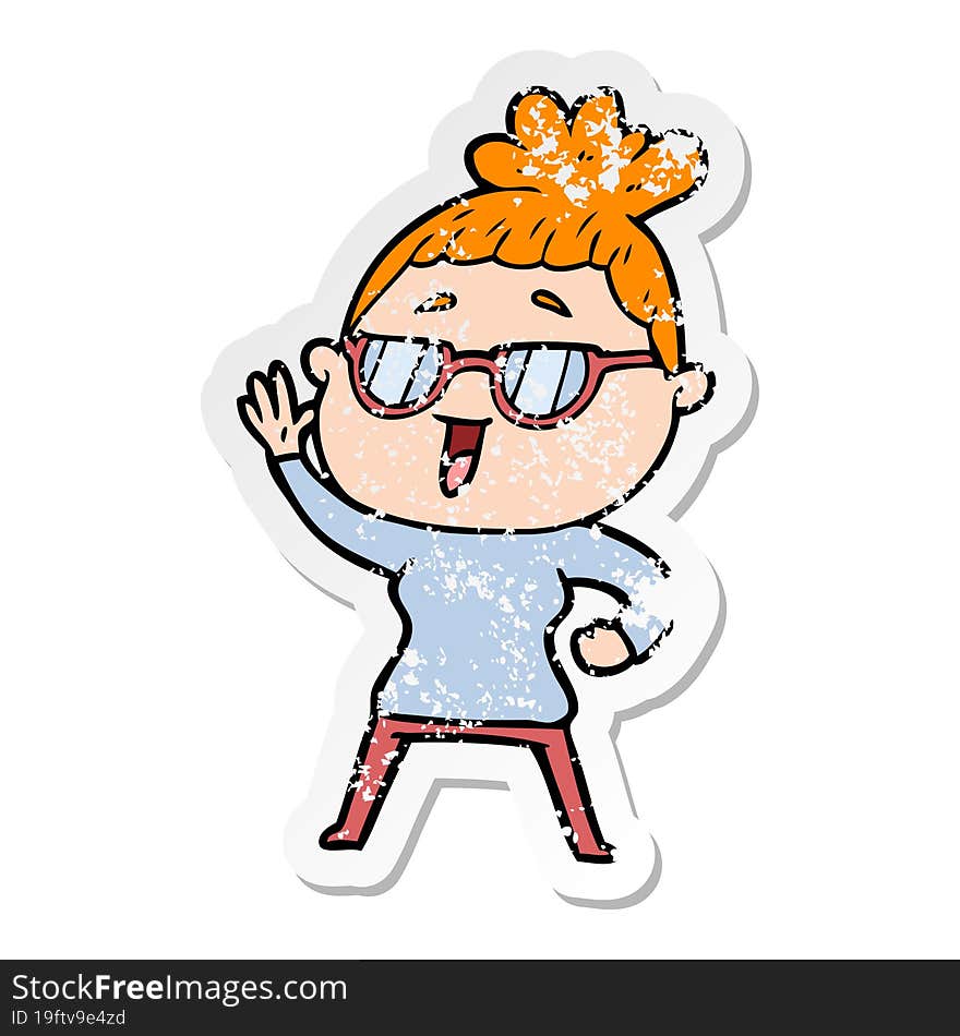 distressed sticker of a cartoon happy woman wearing spectacles