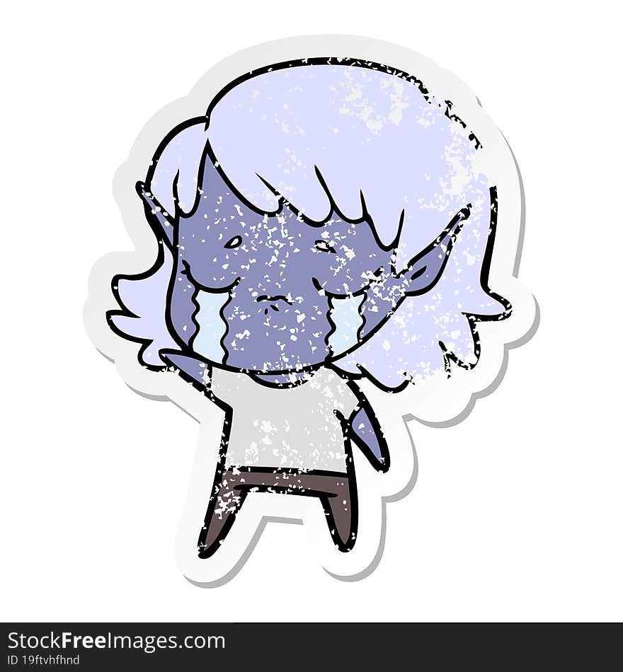 distressed sticker of a cartoon crying elf girl