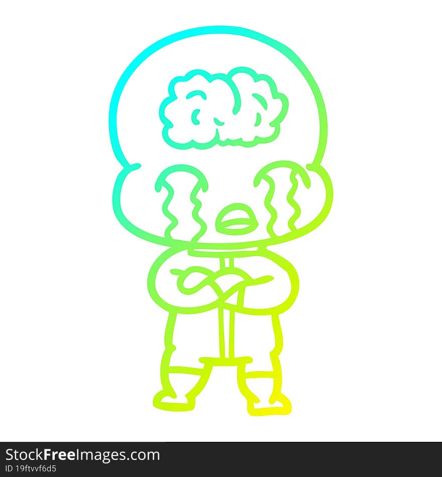 Cold Gradient Line Drawing Cartoon Big Brain Alien Crying