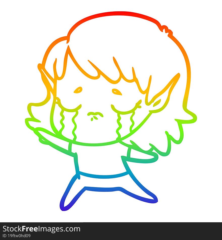 rainbow gradient line drawing cartoon crying elf girl